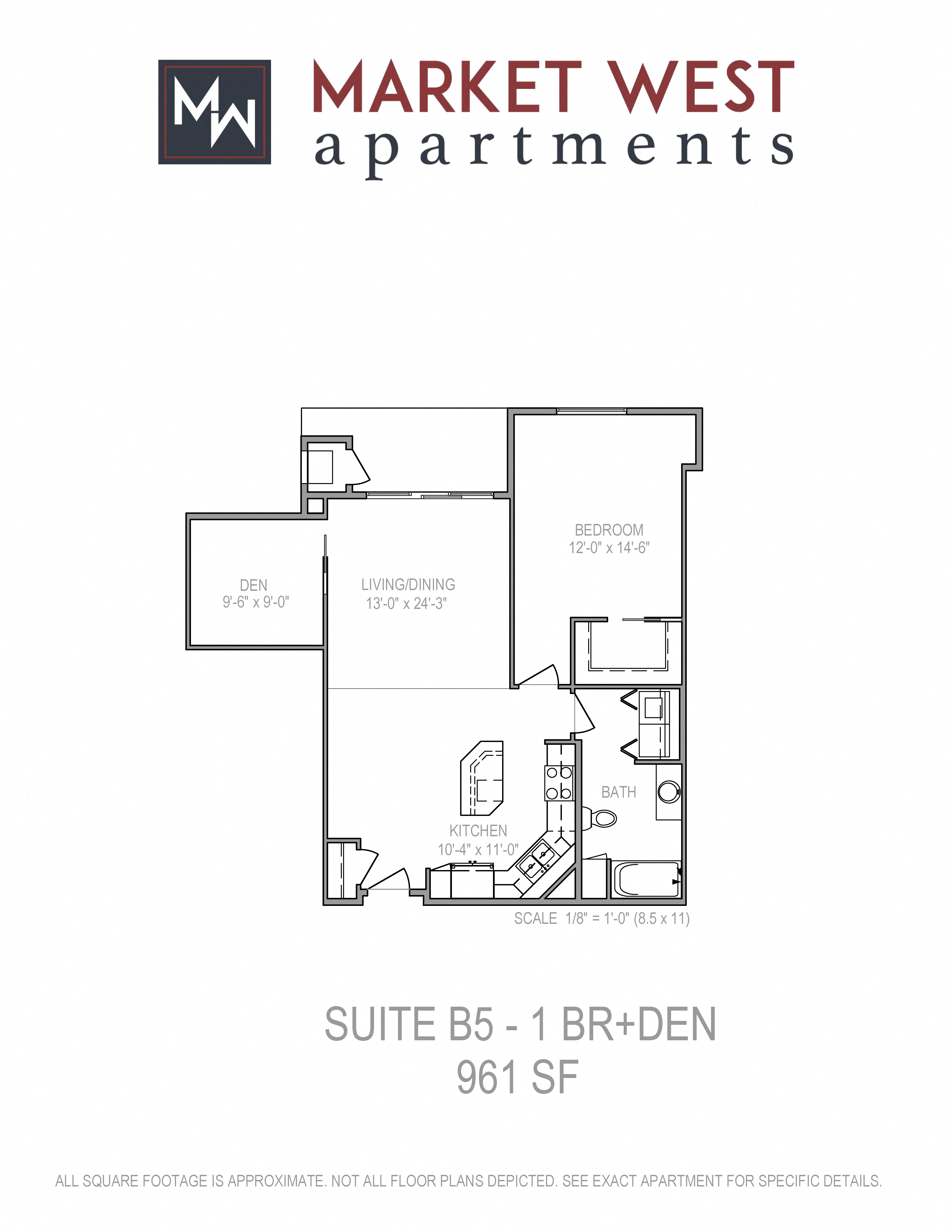 Floor plan for 1 bed, 1 bath, 961 sqft